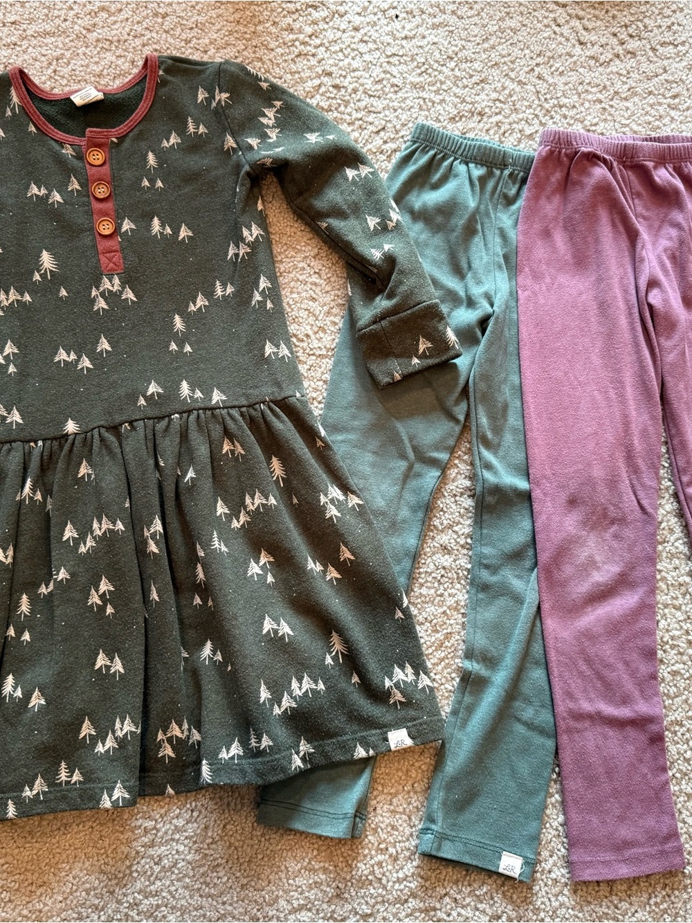 Girls Forest-Print Green Pajama Dress with Green and Purple Leggings